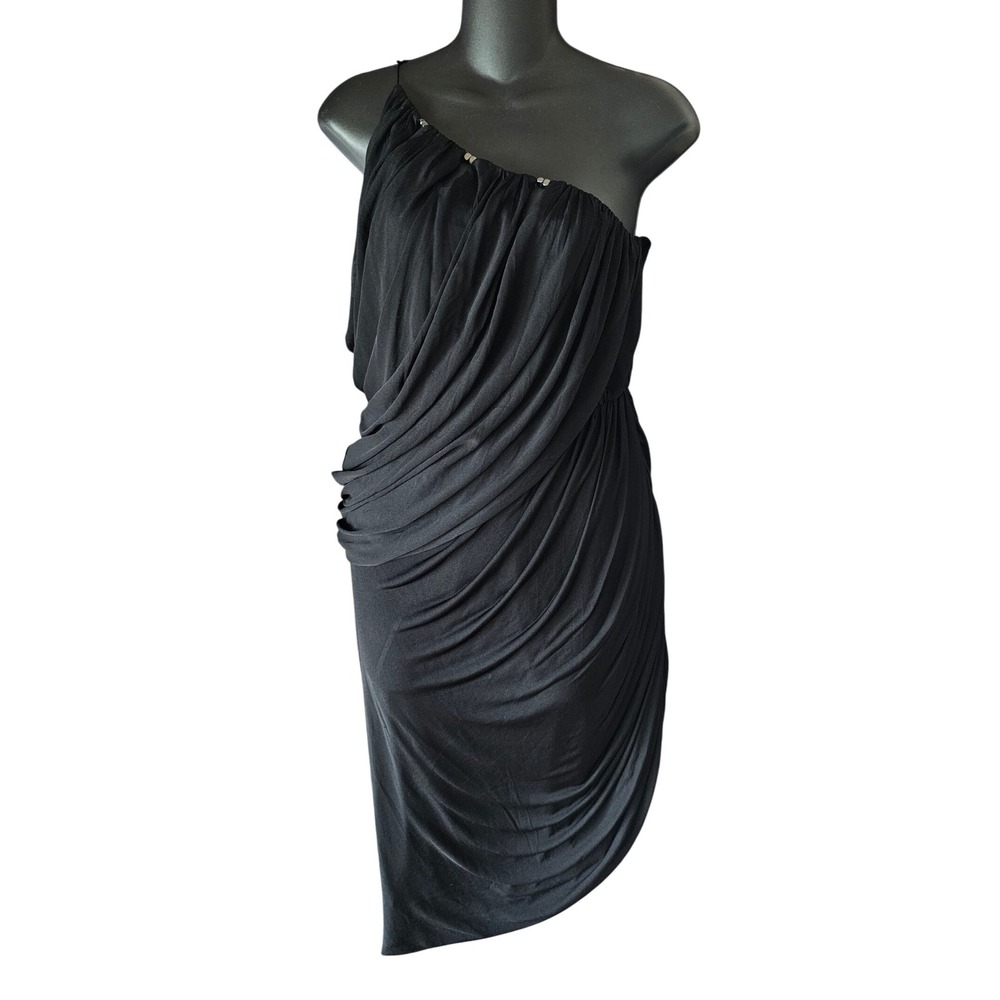 Halston Heritage Black One Shoulder Draped Cocktail Party Dress Medium NWT‎